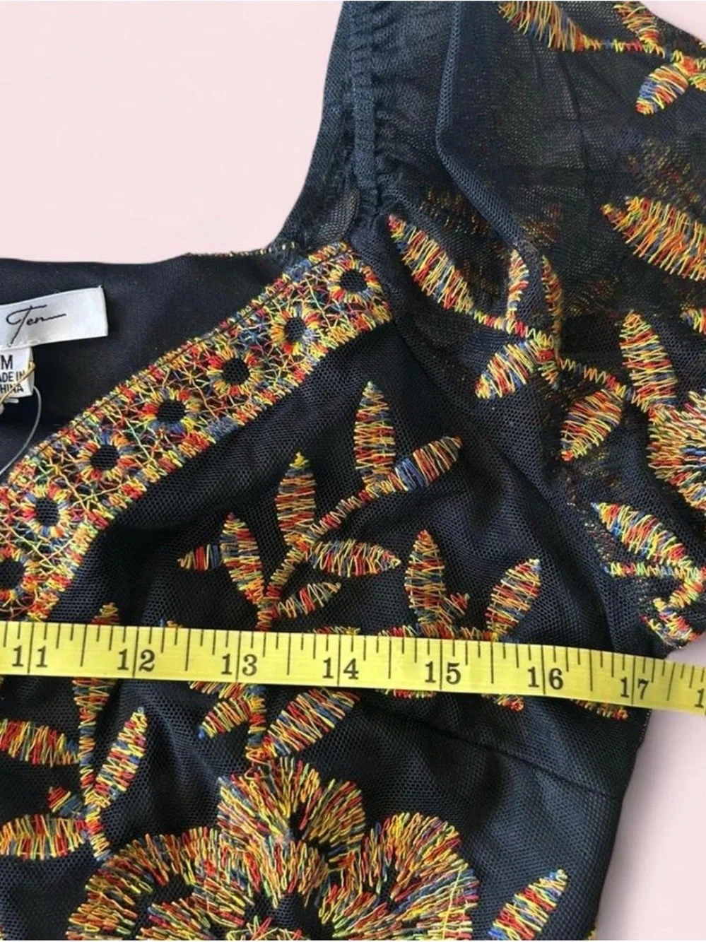 Black Sheer Embroidered Tie-Front Bodysuit with Gold Floral Detail - Picture 6 of 7